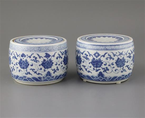 A pair of Chinese blue and white jars and covers, Yongzheng marks but later, D. 13.5cm